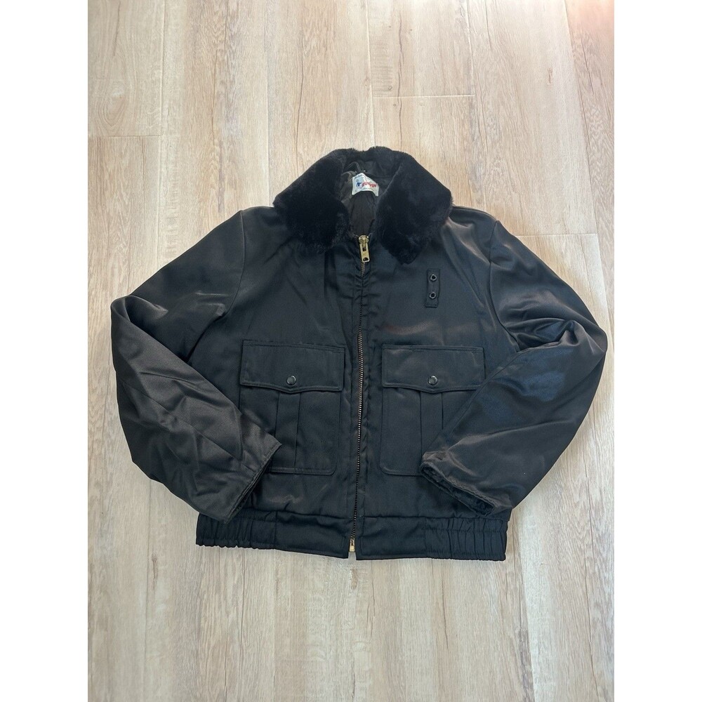 Security BUTWIN Mens Navy Blue Zip & Button Front Bomber Jacket Faux Fur Collar